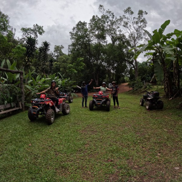 People on ATVs in a lush, tropical setting with trees and greenery.