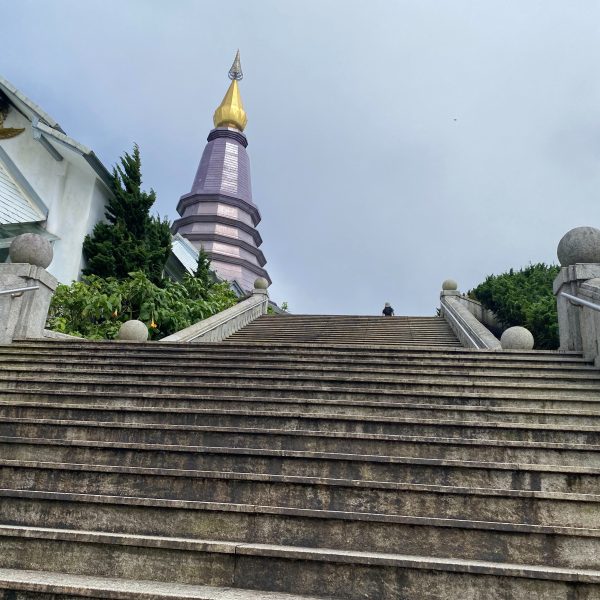 Stone steps leading to a purple and gold spiral tower.